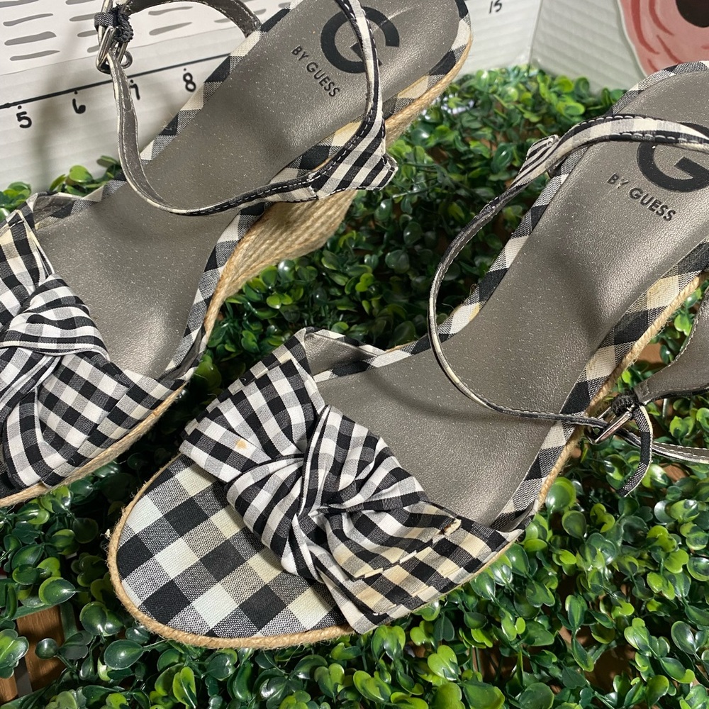 G by Guess Black and White Gingham Knot Espadrille Wedge Sandals - Picture 4 of 10